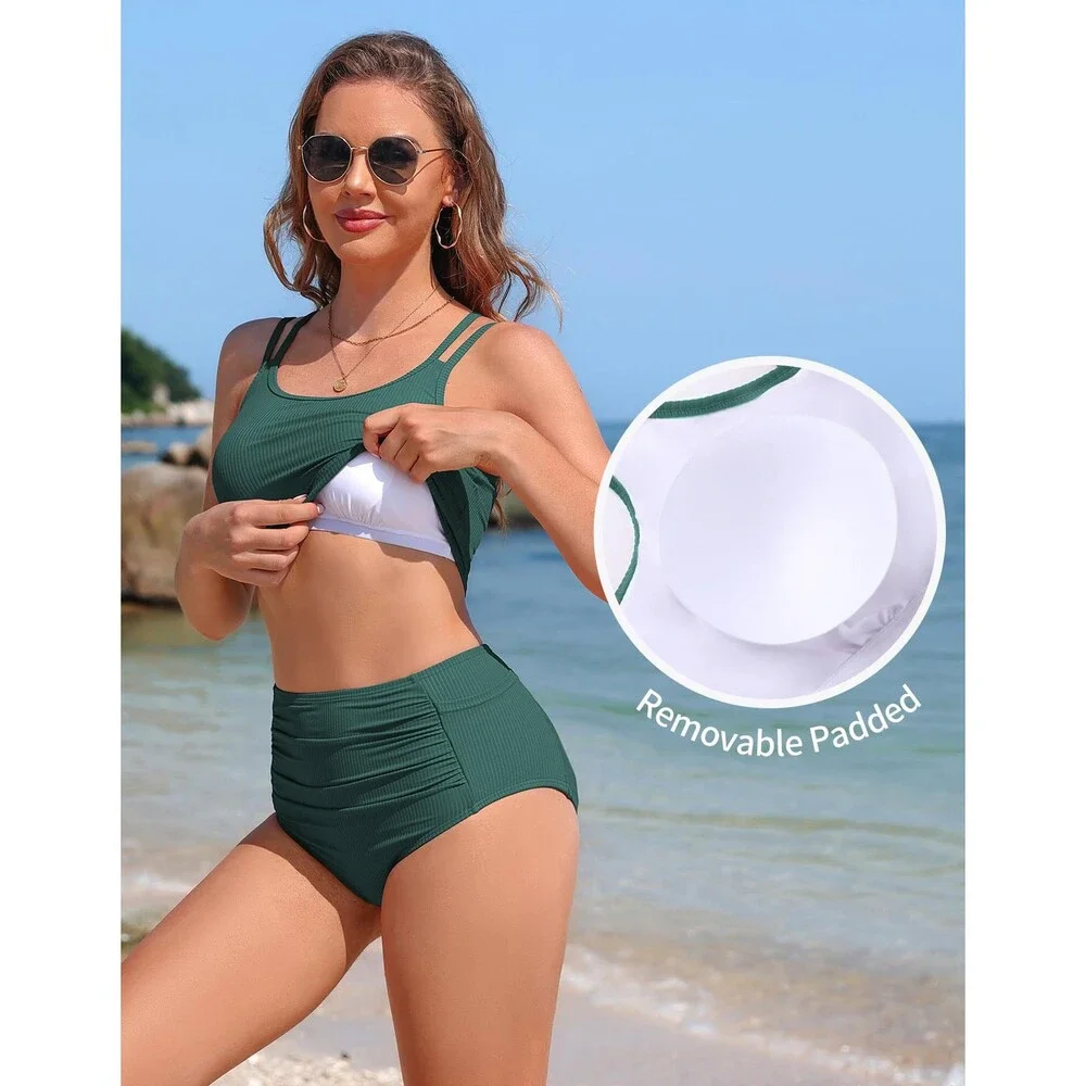 Charmo Women's Teal Two Piece Swimsuit Sporty Tummy Control Bathing Suit High M